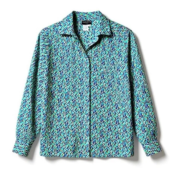 4/$20 Notations Geometric Print Button Front Blouse Blue Green - Petite 4 - Picture 2 of 5